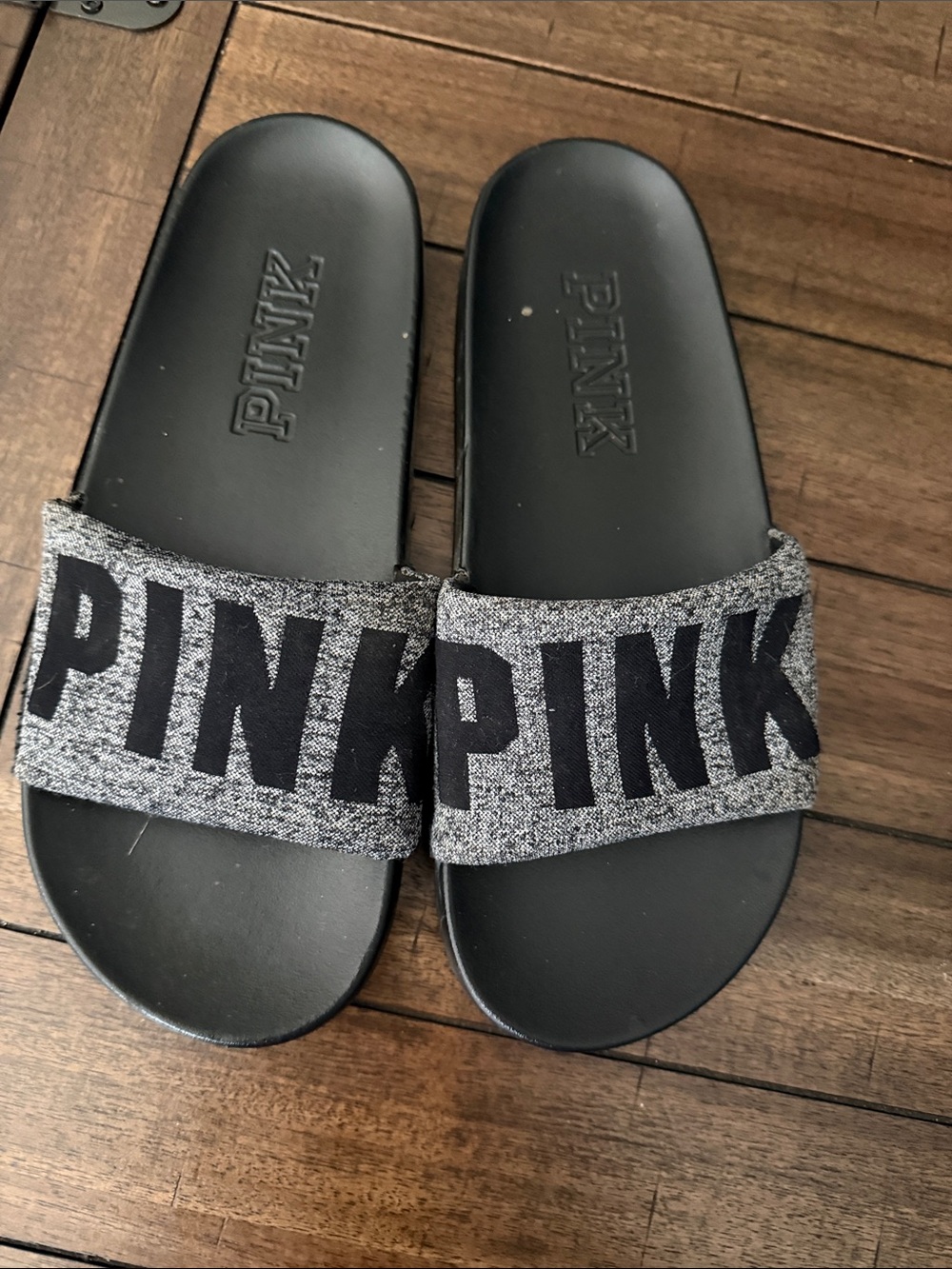 PINK Victoria's Secret Black Slide Sandals with Gray Logo Strap